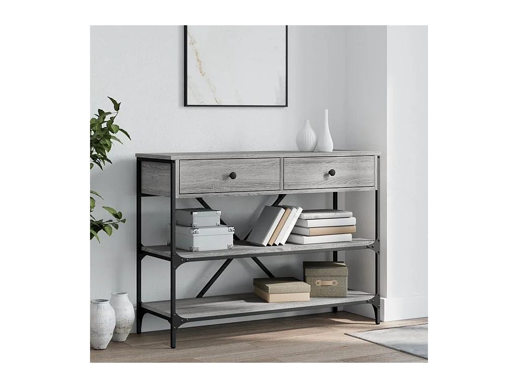 Consoletafel met lades en planken in grijs bewerkt hout