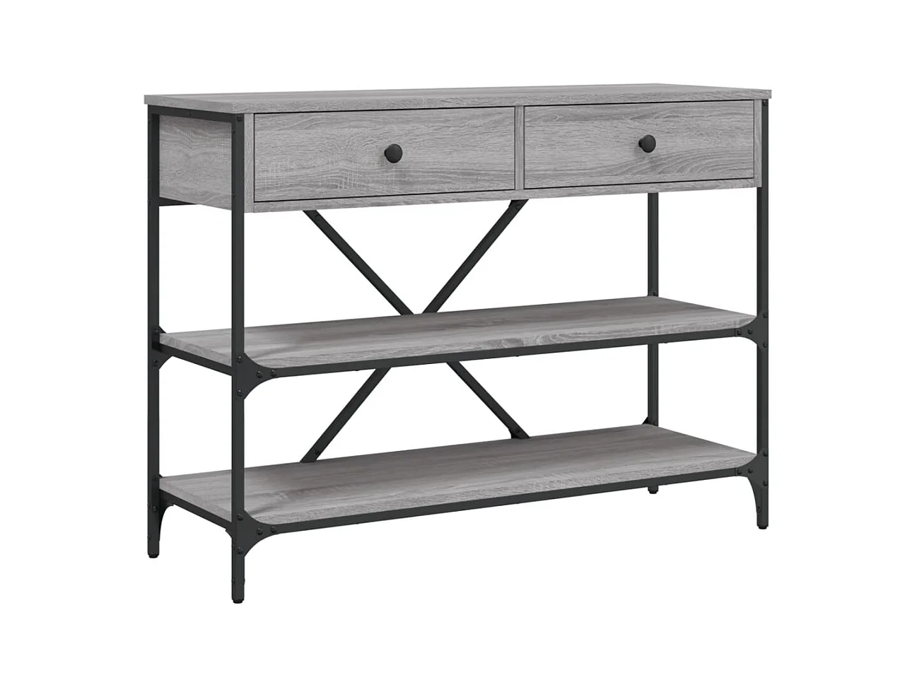 Consoletafel met lades en planken in grijs bewerkt hout