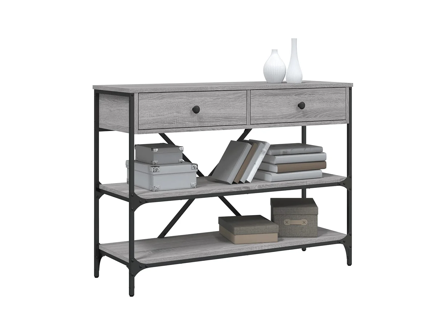 Consoletafel met lades en planken in grijs bewerkt hout