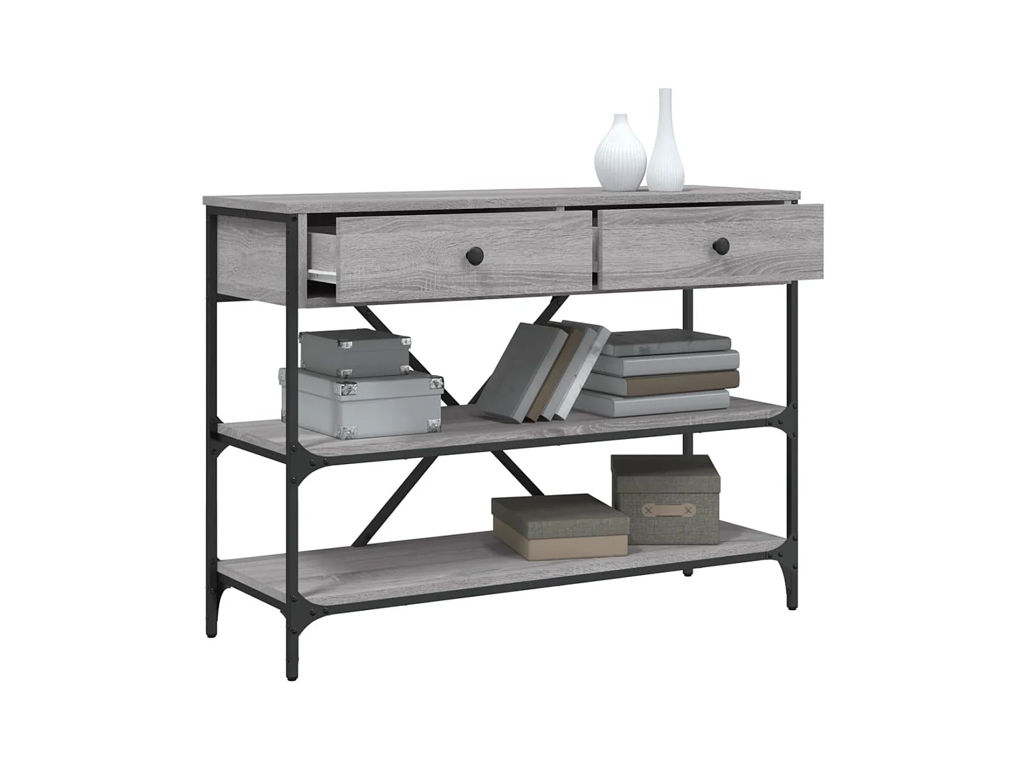 Consoletafel met lades en planken in grijs bewerkt hout