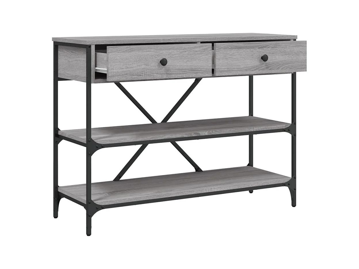 Consoletafel met lades en planken in grijs bewerkt hout