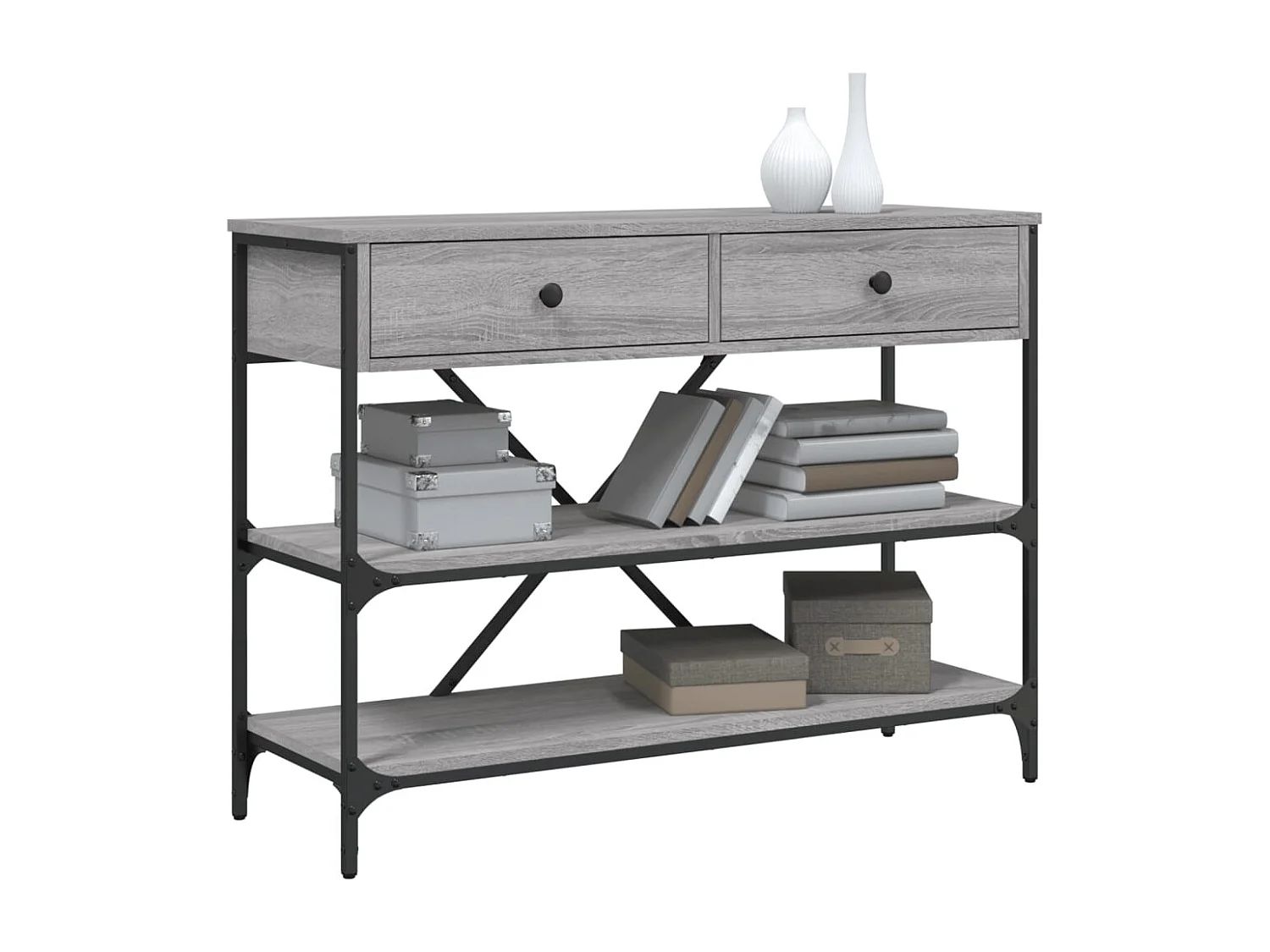 Consolle con cassetti e ripiani in legno ingegnerizzato grigio