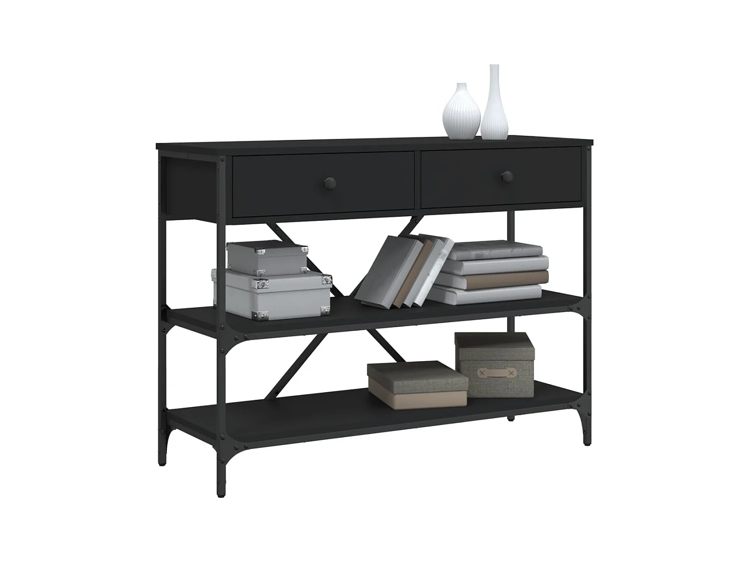 Consolle con cassetti e ripiani in legno ingegnerizzato nero
