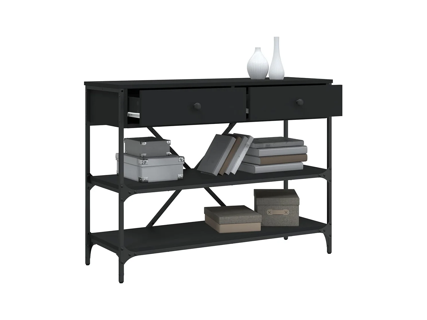 Consolle con cassetti e ripiani in legno ingegnerizzato nero