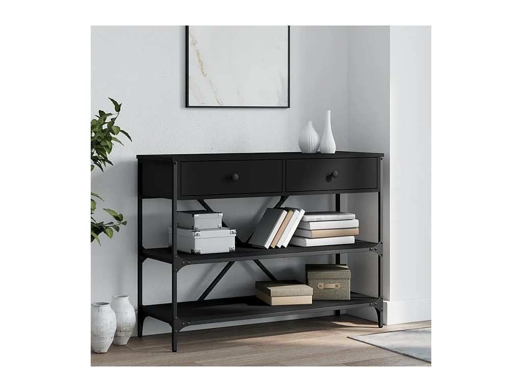 Table console avec tiroirs et étagères noir bois d'ingénierie