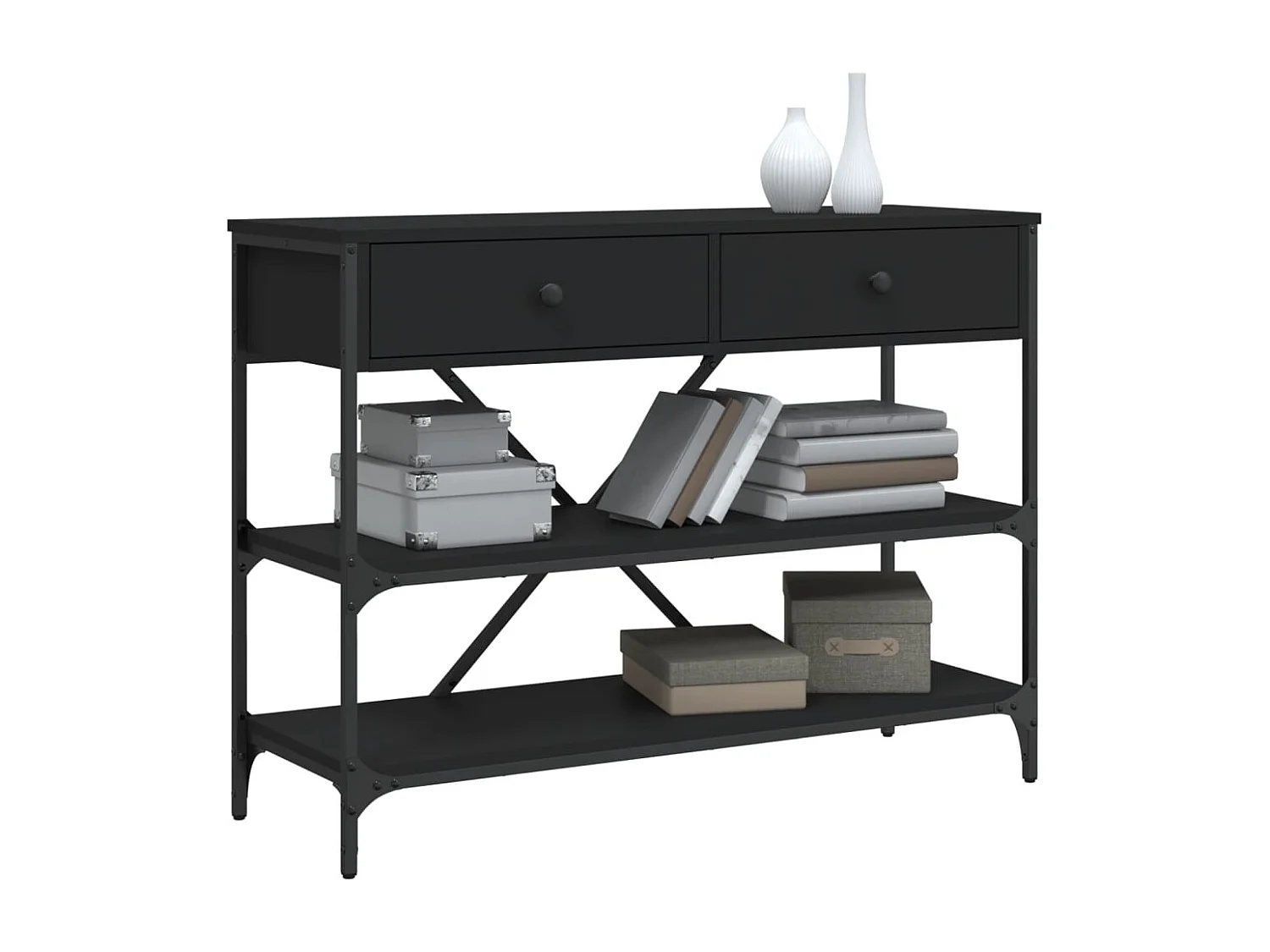 Table console avec tiroirs et étagères noir bois d'ingénierie