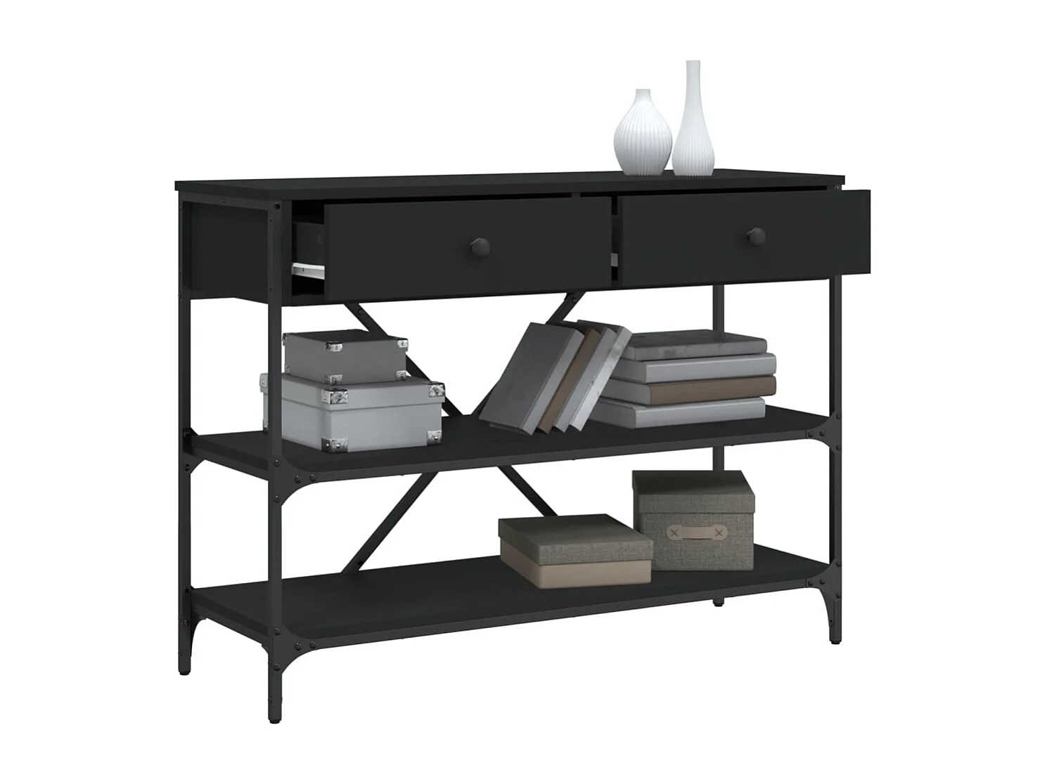 Table console avec tiroirs et étagères noir bois d'ingénierie