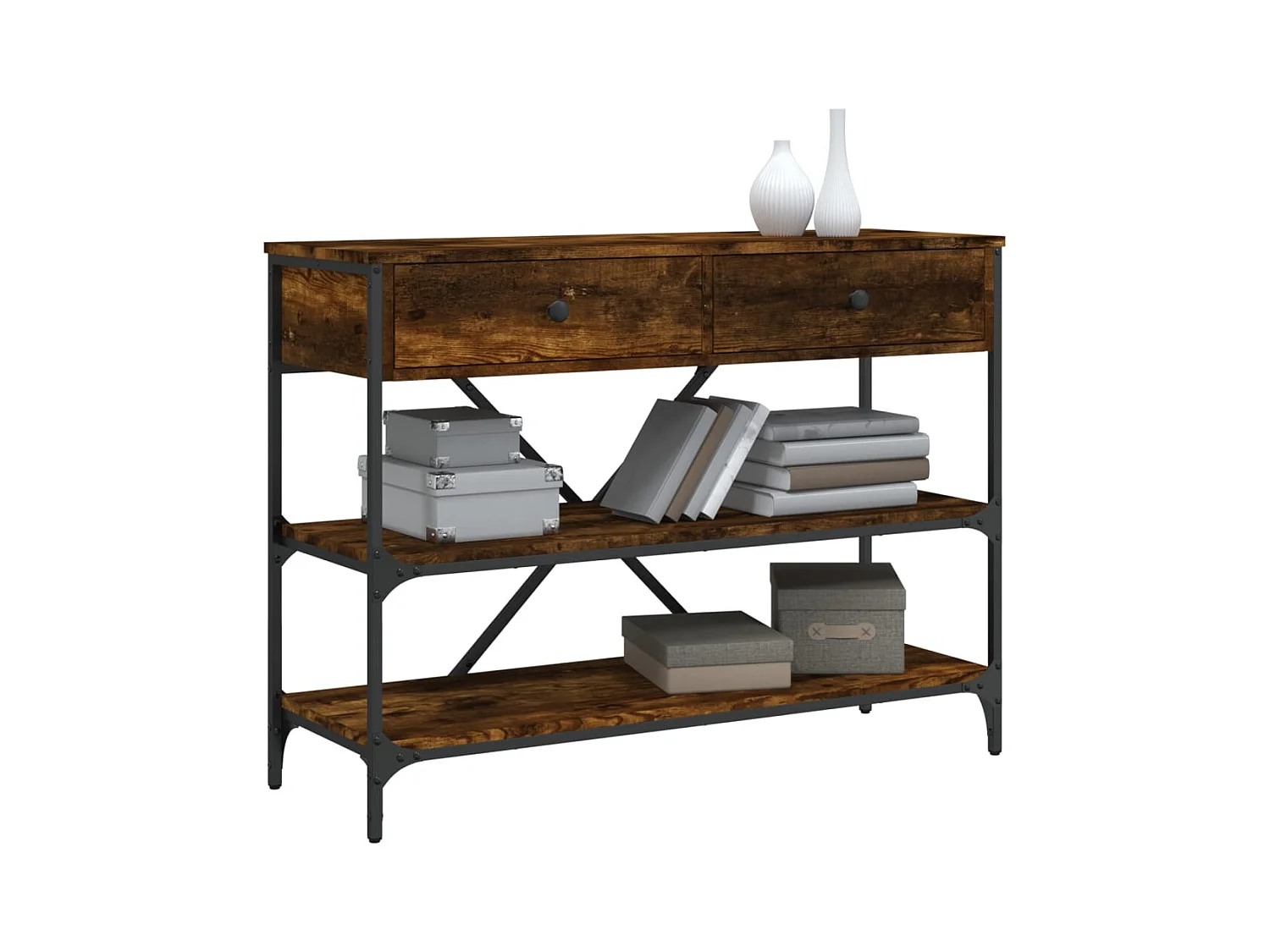 Consolle con cassetti e ripiani in rovere affumicato