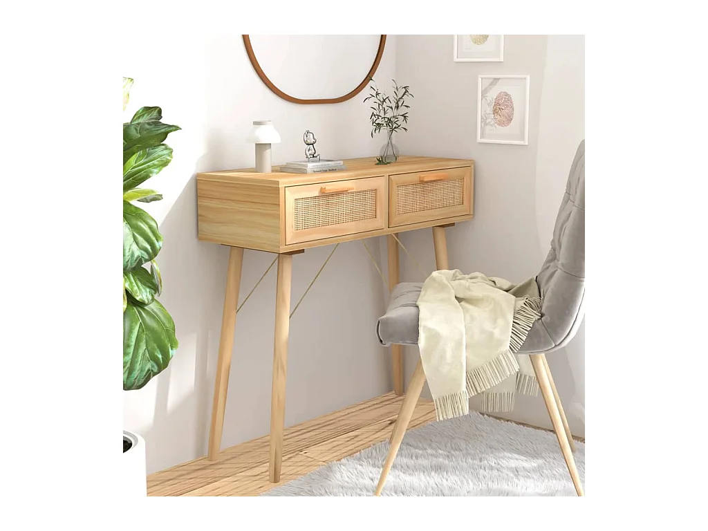 Table console Marron 80x30x75 cm Bois massif pin /rotin naturel