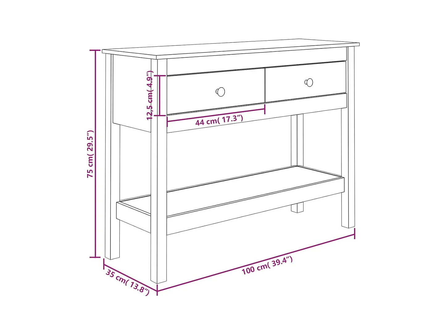 Table console Blanc 100x35x75 cm Bois massif de pin