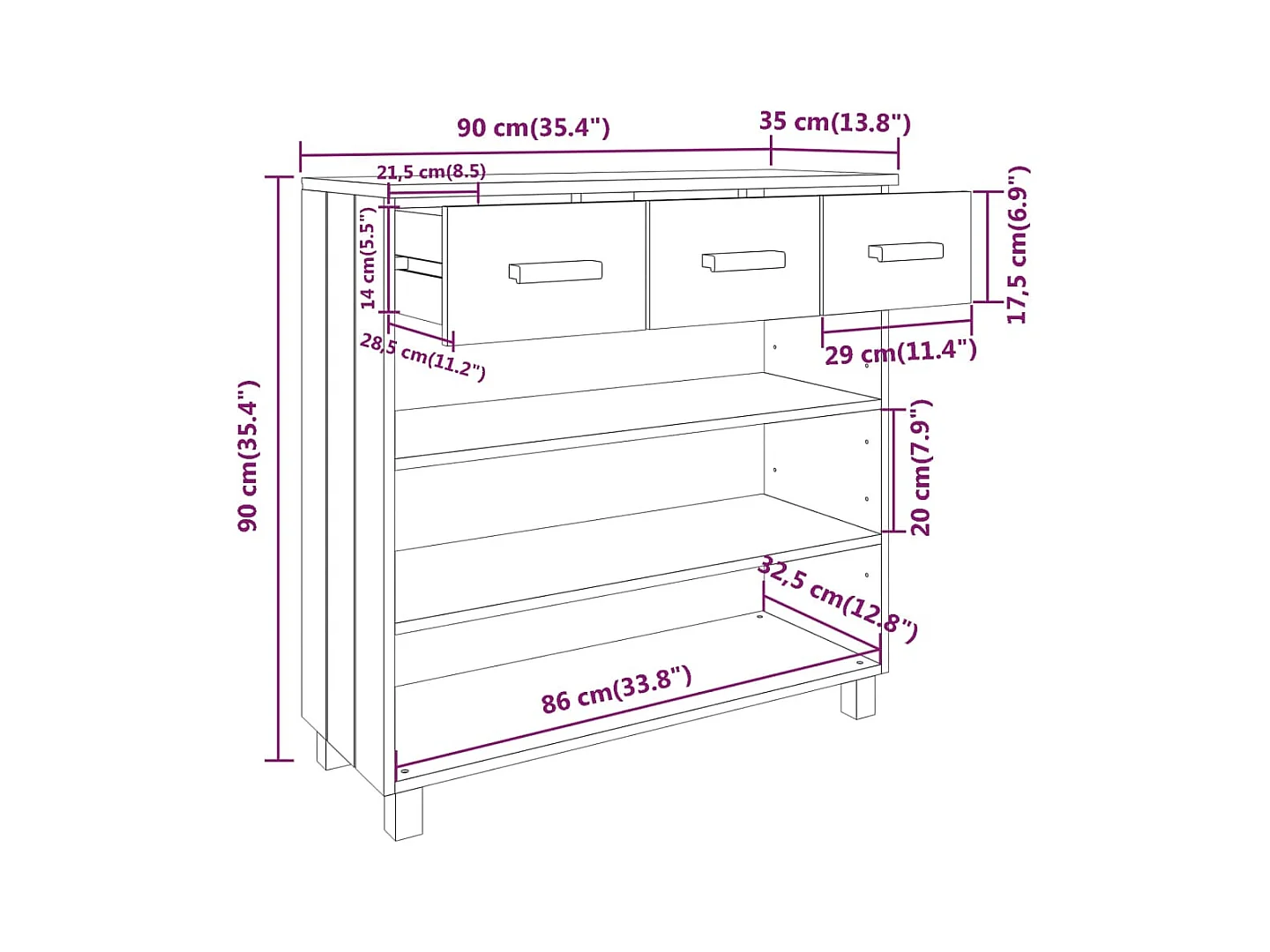 Consolle HAMAR Grigio Scuro 90x35x90 cm Legno Massello di Pino