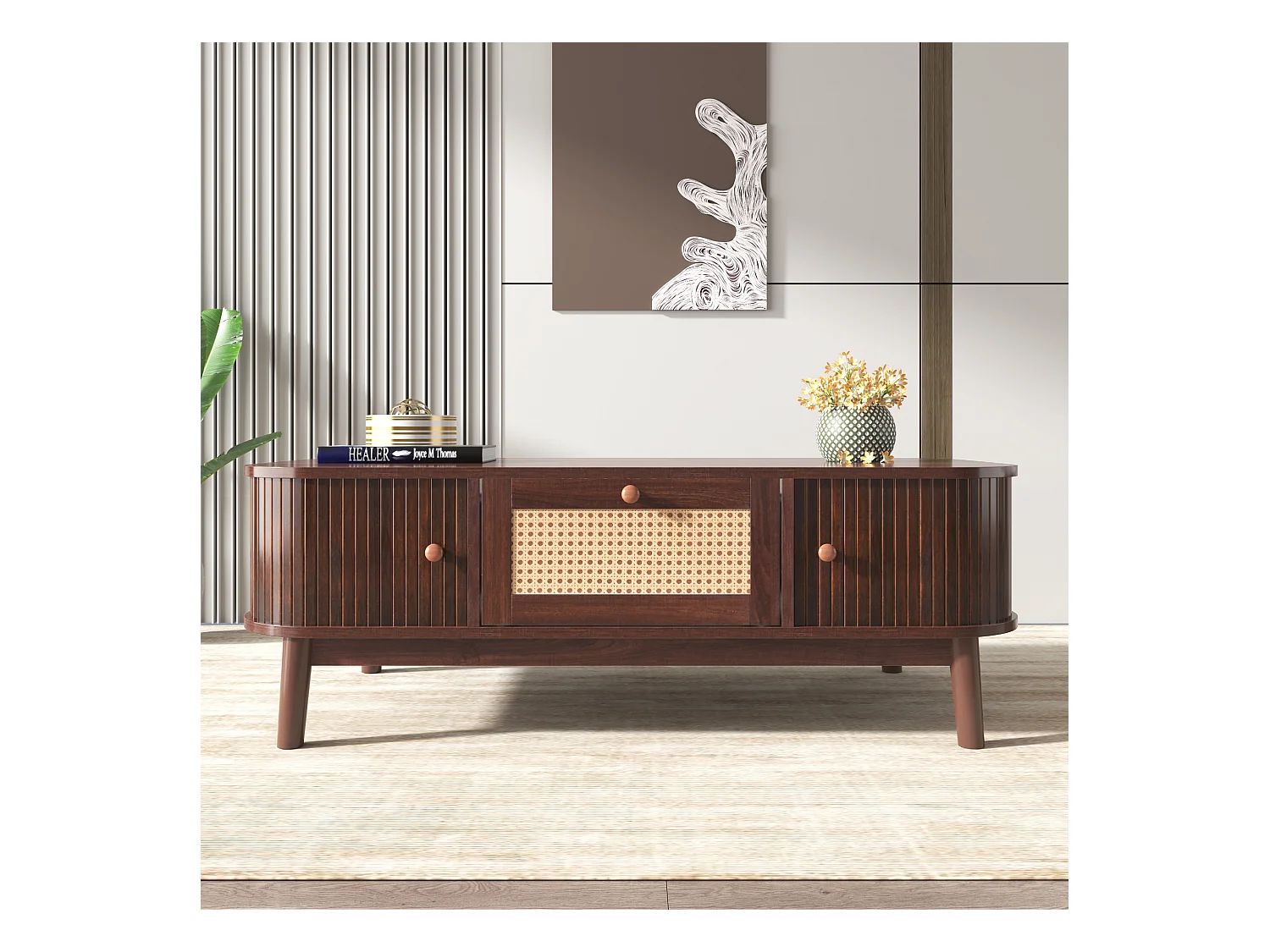 Tavolino da caffè in rattan e legno massello, stile country con cassetti e ante scorrevoli, MDF tinto noce (110x55x38,5 cm)