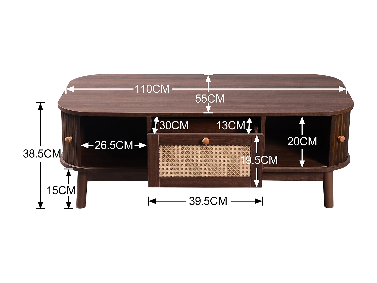 Table basse en rotin et bois massif, style campagne avec tiroirs et portes coulissantes, MDF teinté noyer (110x55x38.5 cm)