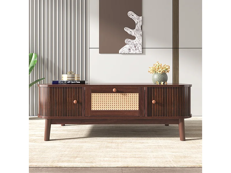 Mesa de centro de ratán y madera maciza, estilo campestre, con cajones y puertas correderas, MDF teñido nogal (110x55x38,5 cm)