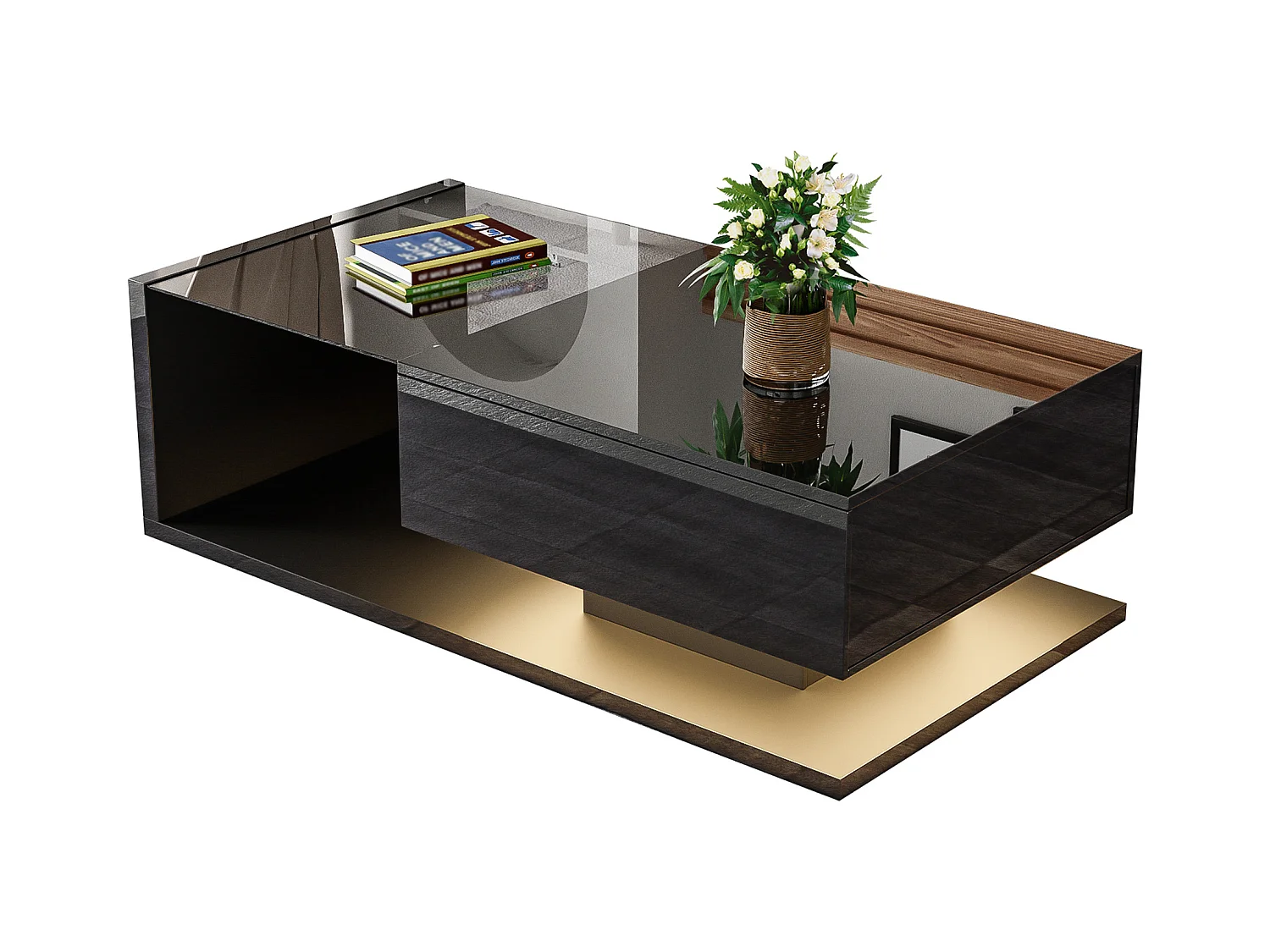 Table basse avec verre et LED, design moderne, MDF, noir (105x55x32.5 cm)