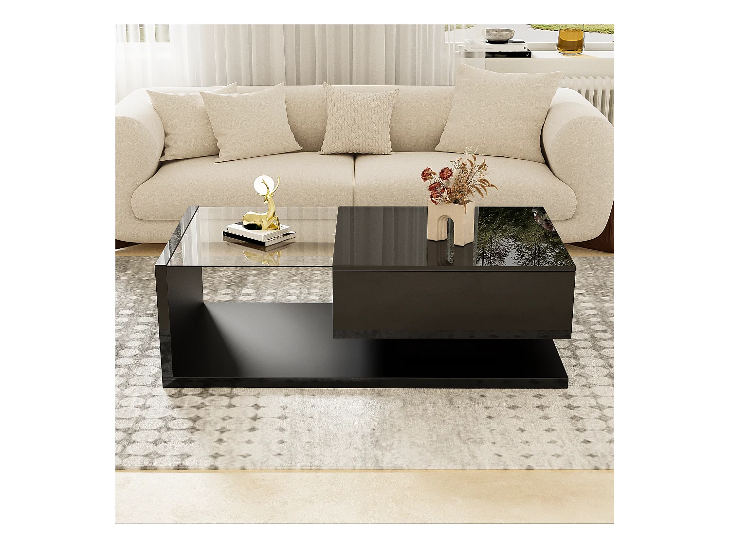 Table basse avec verre et LED, design moderne, MDF, noir (105x55x32.5 cm)
