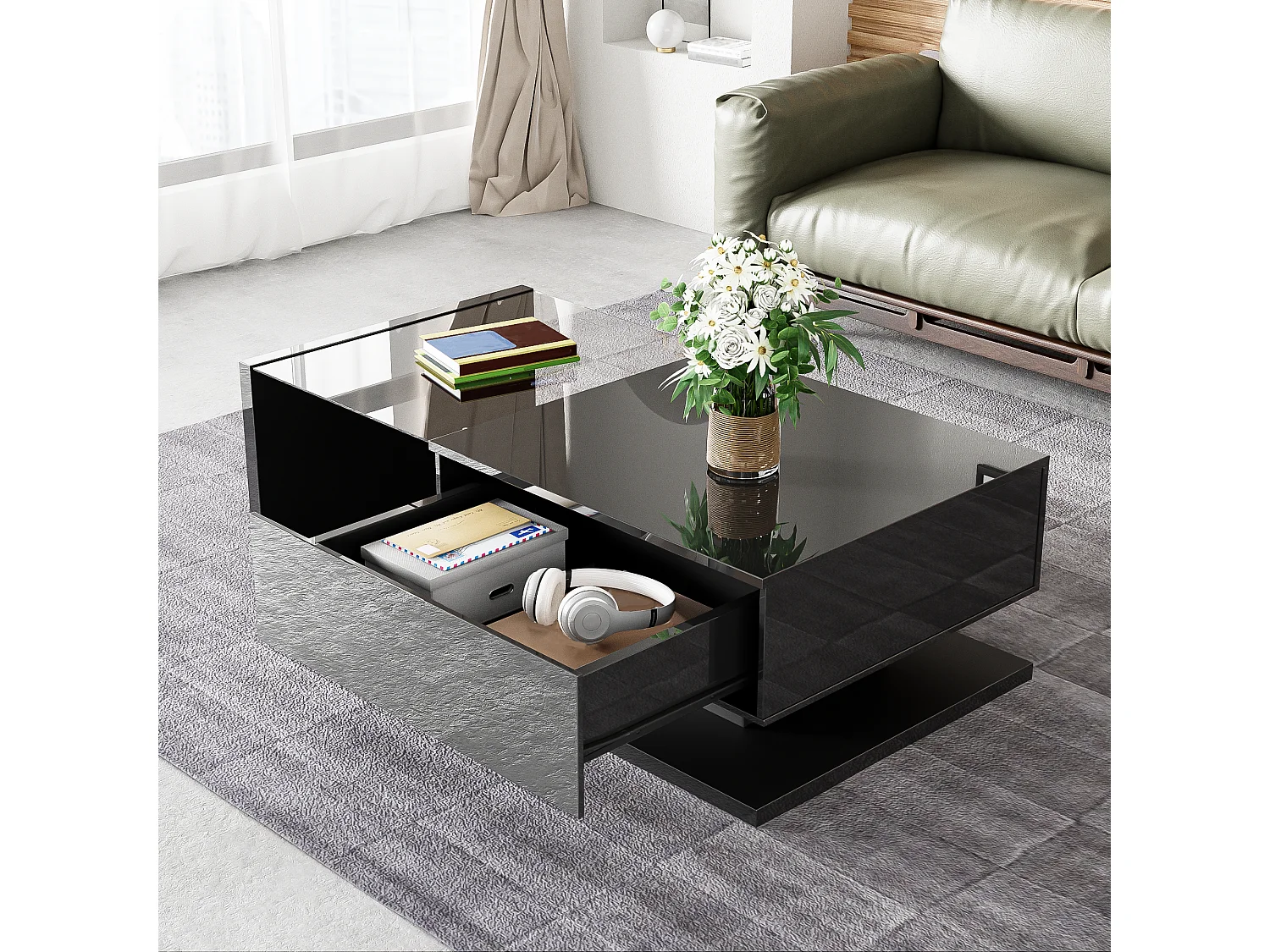 Table basse avec verre et LED, design moderne, MDF, noir (105x55x32.5 cm)