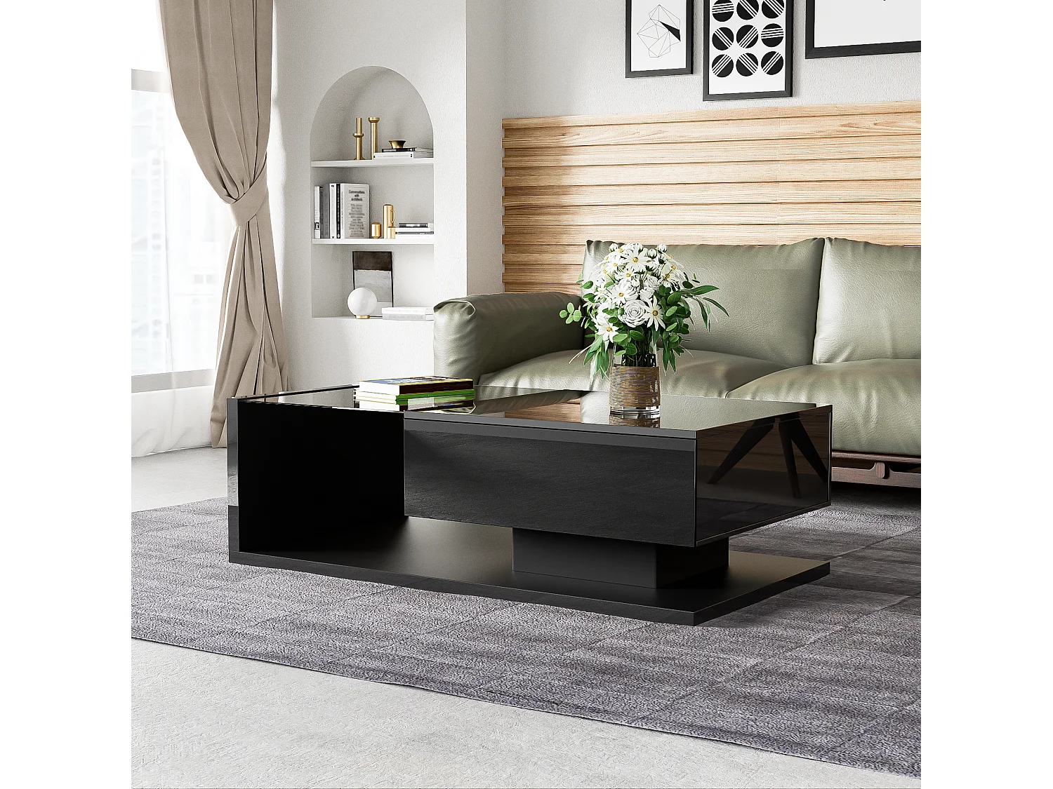 Table basse avec verre et LED, design moderne, MDF, noir (105x55x32.5 cm)