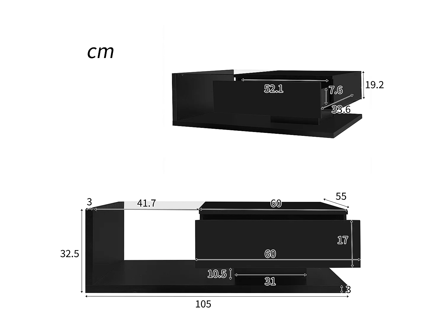 Table basse avec verre et LED, design moderne, MDF, noir (105x55x32.5 cm)