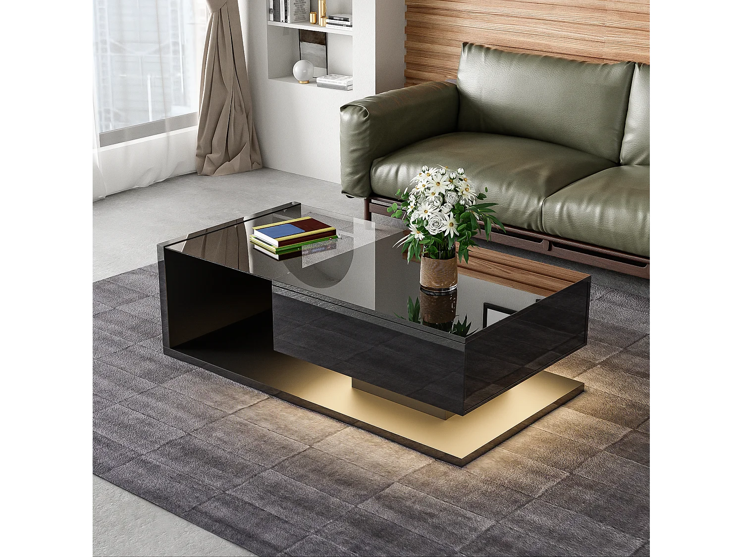 Table basse avec verre et LED, design moderne, MDF, noir (105x55x32.5 cm)