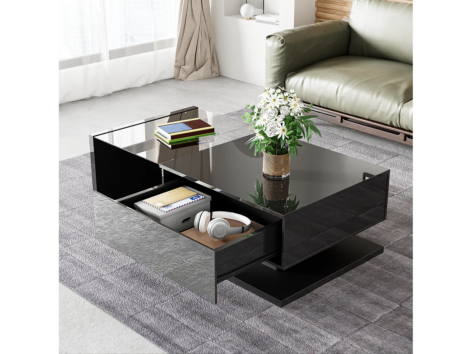 Table basse avec verre et LED, design moderne, MDF, noir (105x55x32.5 cm)