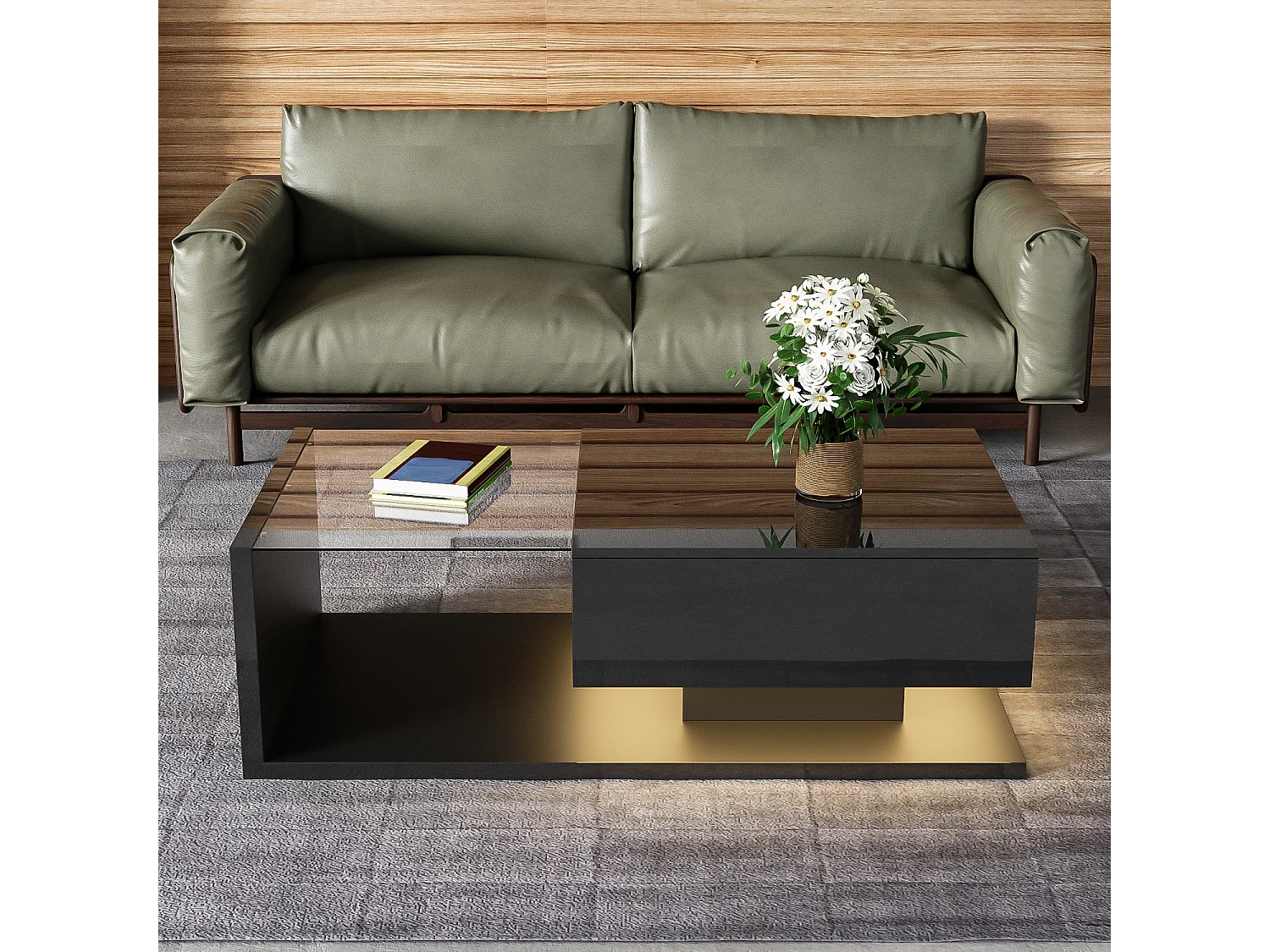 Table basse avec verre et LED, design moderne, MDF, noir (105x55x32.5 cm)