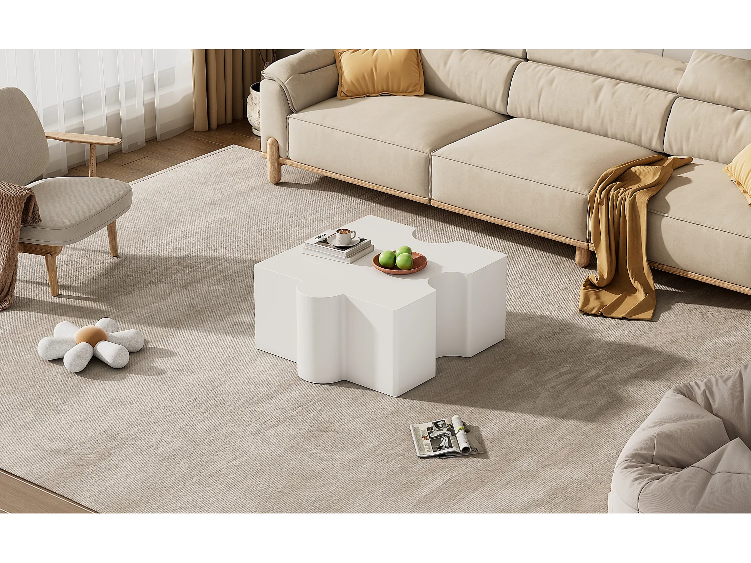 Table basse puzzle design abstrait, structure originale et moderne, MDF, blanc (65x65x32cm)