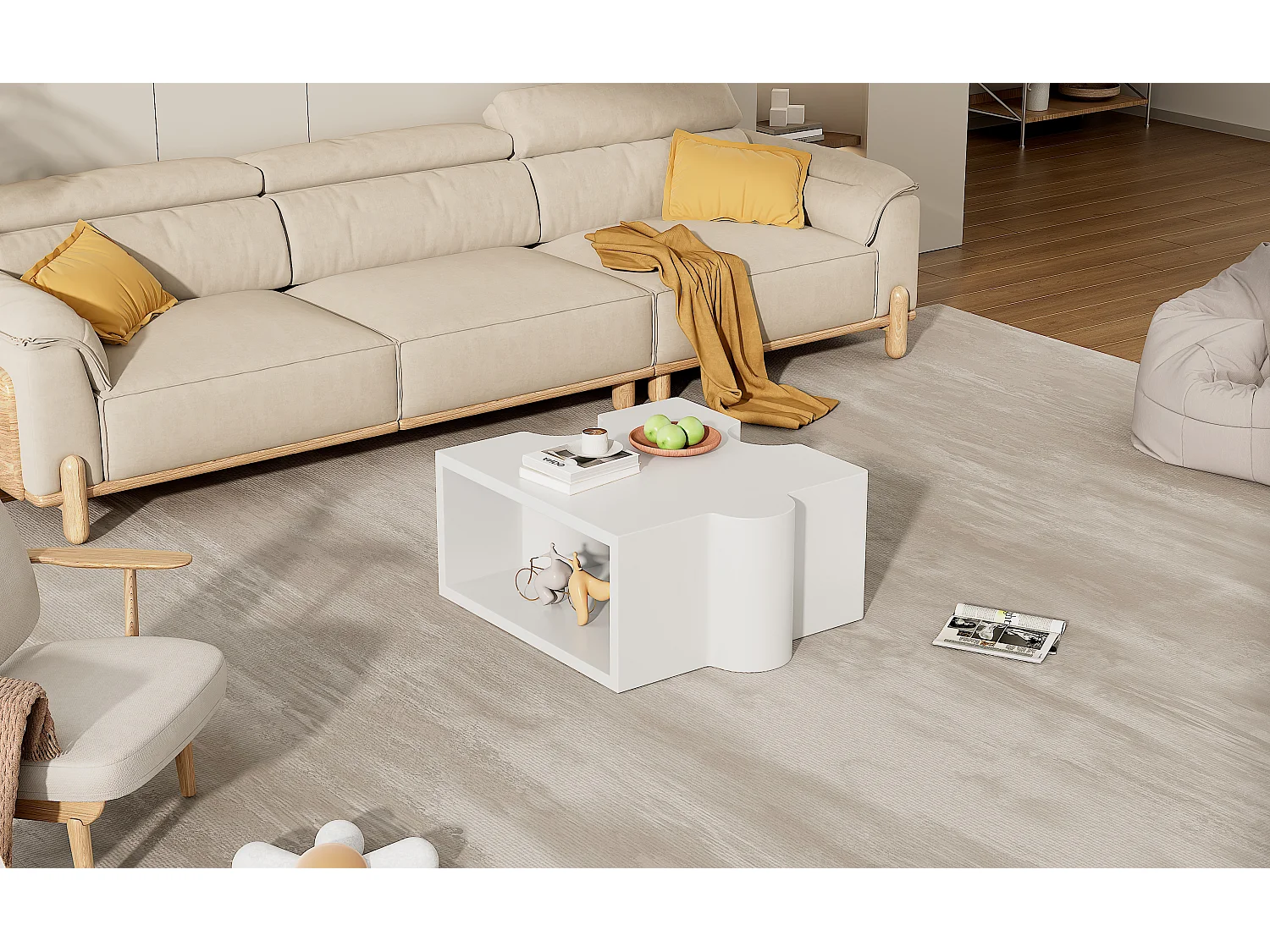 Table basse puzzle design abstrait, structure originale et moderne, MDF, blanc (65x65x32cm)