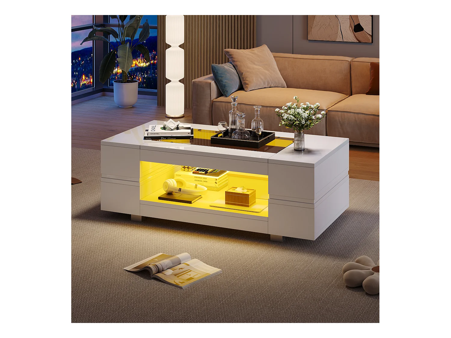 Table Basse LED avec Contrôle App Bluetooth, Design Moderne, Plateau en Panneaux de Particules, Blanc (100x50x35.5 cm)