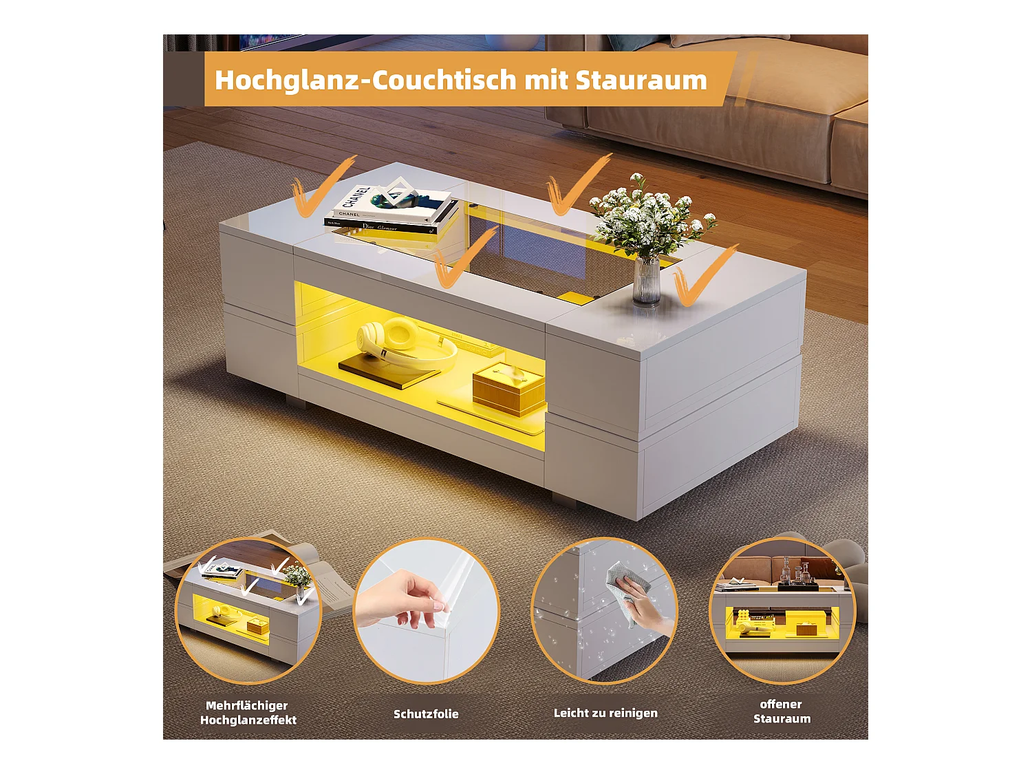 Table Basse LED avec Contrôle App Bluetooth, Design Moderne, Plateau en Panneaux de Particules, Blanc (100x50x35.5 cm)