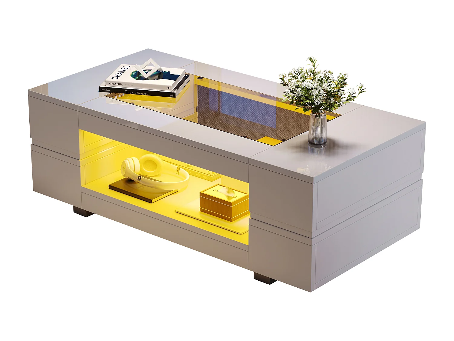 Table Basse LED avec Contrôle App Bluetooth, Design Moderne, Plateau en Panneaux de Particules, Blanc (100x50x35.5 cm)