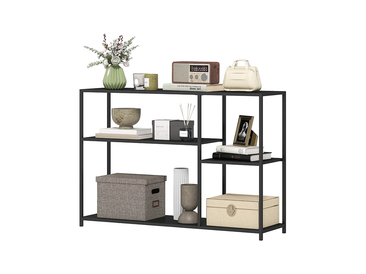 Console avec 4 étagères, design industriel, structure en acier, couleur noire (110x30x75 cm)