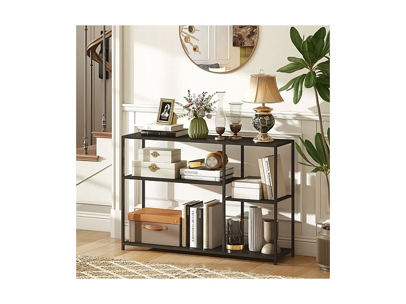 Console avec 4 étagères, design industriel, structure en acier, couleur noire (110x30x75 cm)