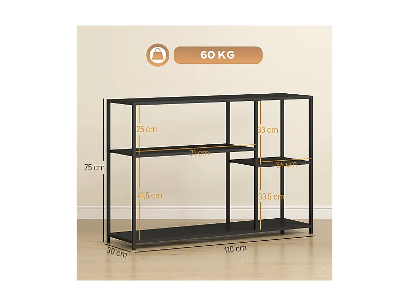 Console avec 4 étagères, design industriel, structure en acier, couleur noire (110x30x75 cm)