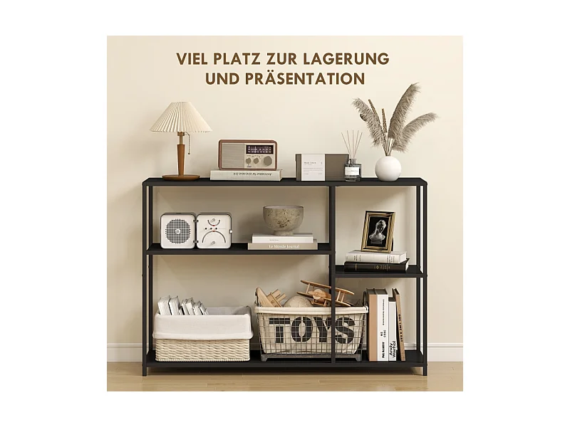 Console avec 4 étagères, design industriel, structure en acier, couleur noire (110x30x75 cm)