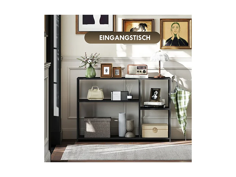 Console avec 4 étagères, design industriel, structure en acier, couleur noire (110x30x75 cm)