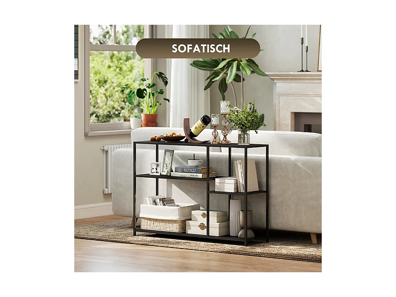 Console avec 4 étagères, design industriel, structure en acier, couleur noire (110x30x75 cm)