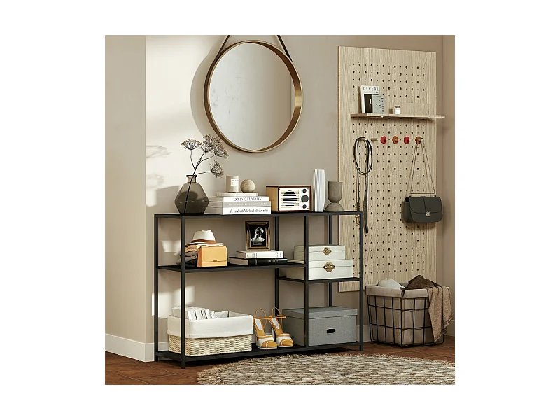 Console avec 4 étagères, design industriel, structure en acier, couleur noire (110x30x75 cm)