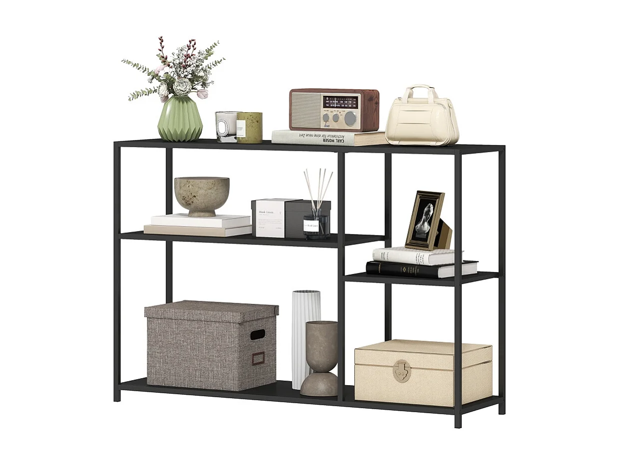 Console avec 4 étagères, design industriel, structure en acier, couleur noire (110x30x75 cm)