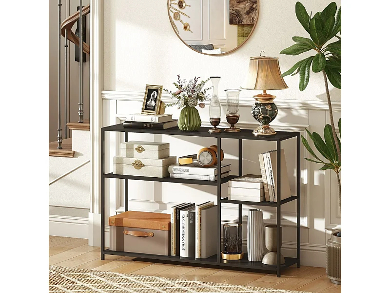 Console avec 4 étagères, design industriel, structure en acier, couleur noire (110x30x75 cm)
