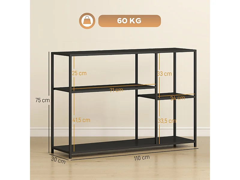 Console avec 4 étagères, design industriel, structure en acier, couleur noire (110x30x75 cm)