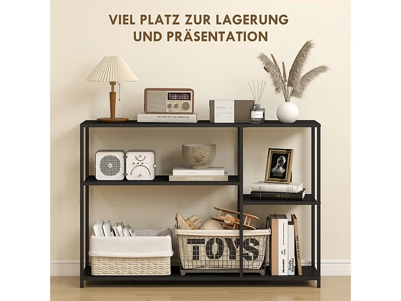 Console avec 4 étagères, design industriel, structure en acier, couleur noire (110x30x75 cm)