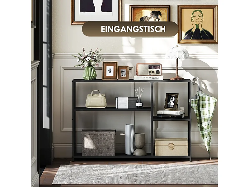 Console avec 4 étagères, design industriel, structure en acier, couleur noire (110x30x75 cm)