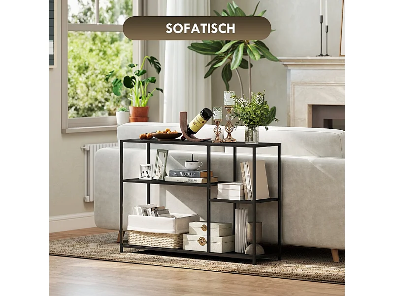 Console avec 4 étagères, design industriel, structure en acier, couleur noire (110x30x75 cm)