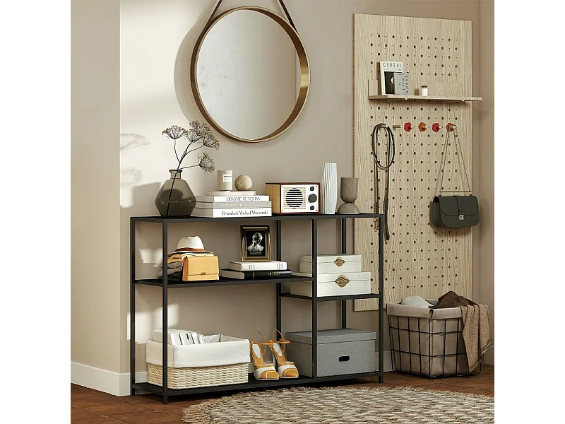 Console avec 4 étagères, design industriel, structure en acier, couleur noire (110x30x75 cm)