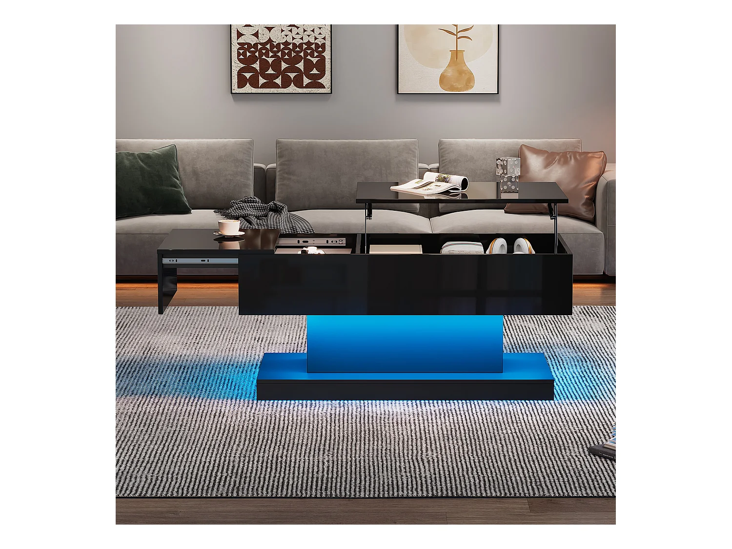 Table basse moderne avec LED, plateau hautement brillant, avec 2 tiroirs et design hydraulique (100x50x45 cm)