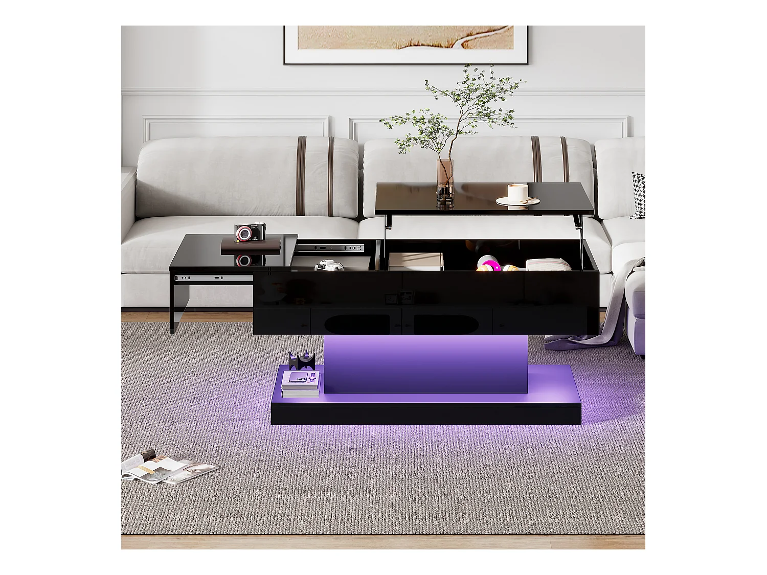 Table basse moderne avec LED, plateau hautement brillant, avec 2 tiroirs et design hydraulique (100x50x45 cm)