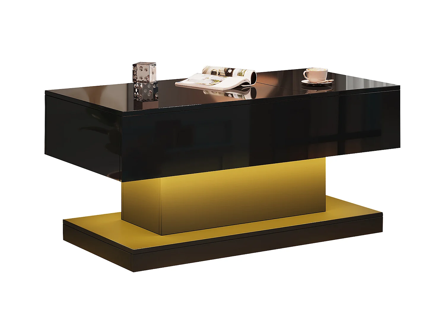 Table basse moderne avec LED, plateau hautement brillant, avec 2 tiroirs et design hydraulique (100x50x45 cm)