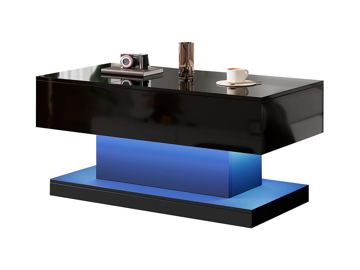 Table basse moderne avec LED, plateau hautement brillant, avec 2 tiroirs et design hydraulique (100x50x45 cm)