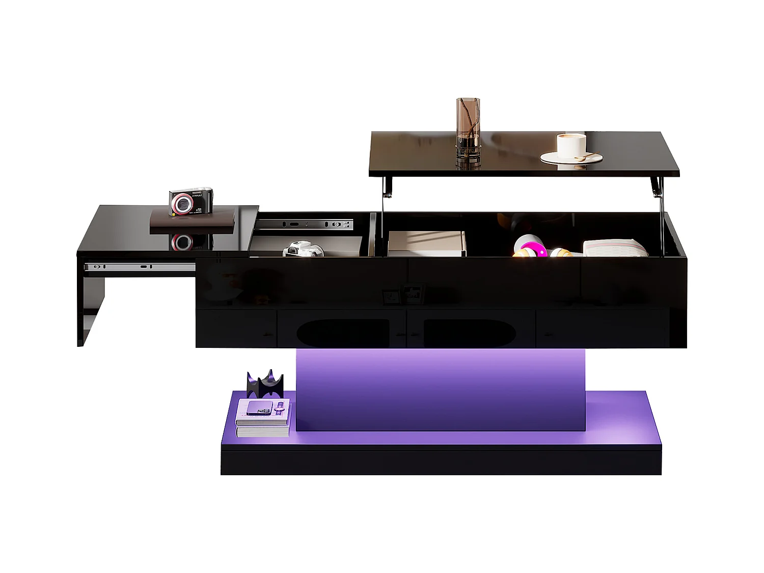 Table basse moderne avec LED, plateau hautement brillant, avec 2 tiroirs et design hydraulique (100x50x45 cm)